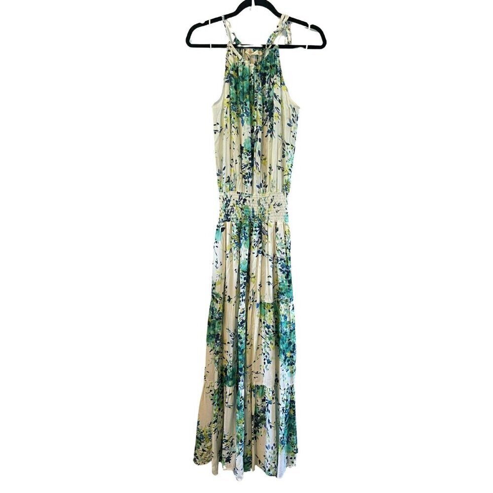 Lovestitch Floral Watercolor Maxi Dress S Blue White Smocked Waist Sleeveless